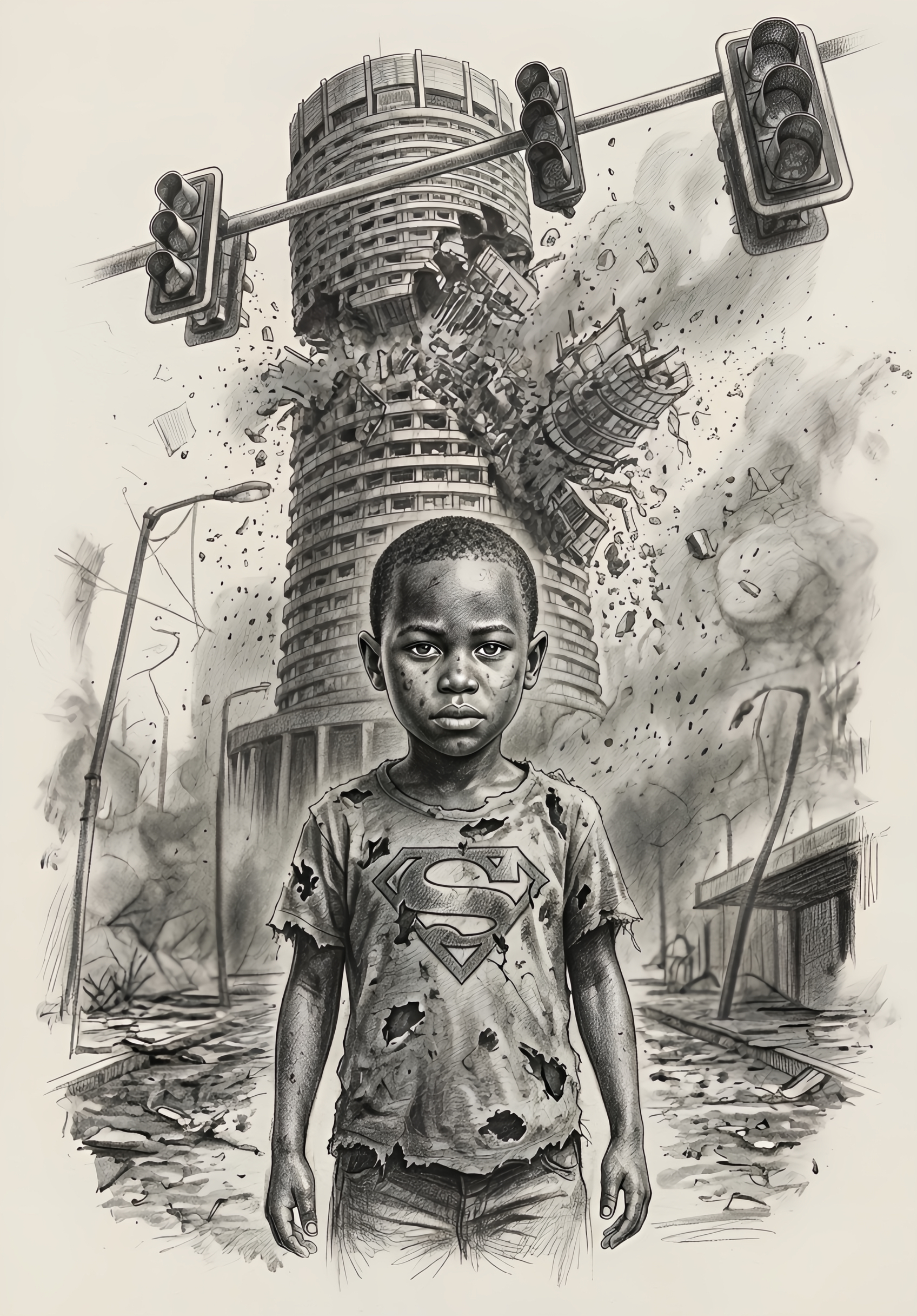 Strength in Collapse — a young boy stands resolute amid a collapsing city wearing a torn Superman shirt, hand-drawn pencil and charcoal work by Nikki Boyle